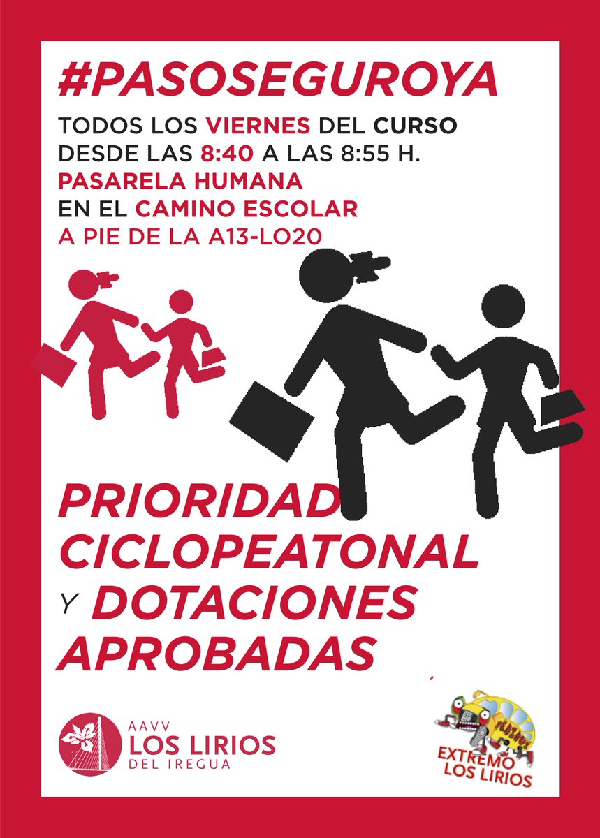 aavvloslirios's tweet photo. Ni dotaciones ni accesos seguros, este #caminoescolar es un desastre, basta ya #pasoseguroya #coleya (que luego no os caben las FPs, cerebros). Os esperamos mañana a las 8:40h para priorizar ciclopeatonalmente el cruce a pie de la LO20/A13 https://t.co/g8uAQsJskJ