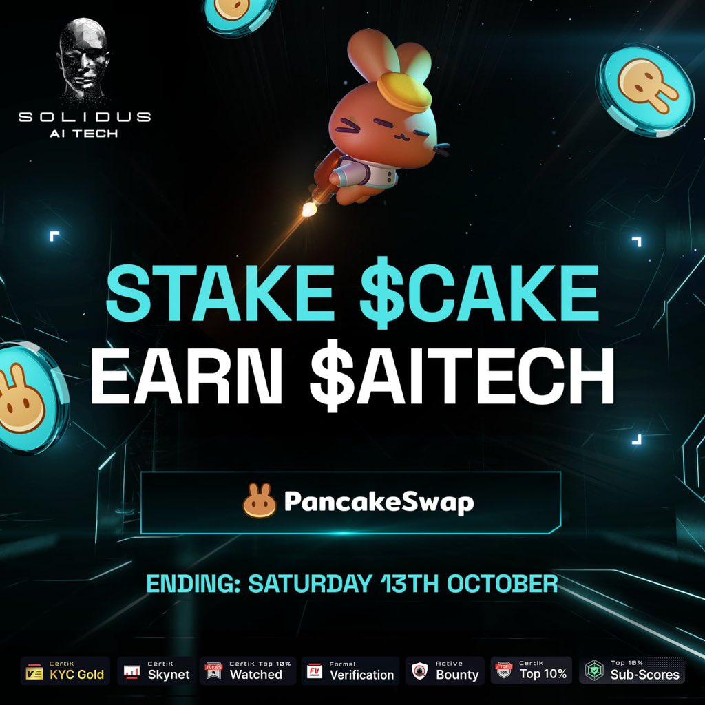 AITECHio's tweet image. ✨ $AITECH Syrup Pool! 

The $AITECH Syrup Pool on PancakeSwap allows $CAKE holders on the BNB Chain to stake their tokens and earn $AITECH. 

🗓️ Ending in 10 days

➡️ Stake Cake and Earn: pancakeswap.finance/pools