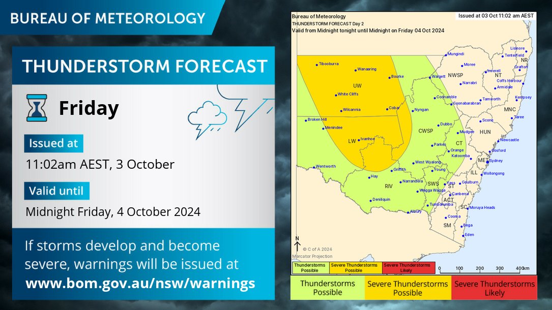 BOM_NSW's tweet photo. 🌩️ Thunderstorm forecast for FRIDAY (4/9): thunderstorms are possible from the western plains to the far west on Friday afternoon and evening. Severe storms may produce damaging winds over northern and central parts of inland #NewSouthWales.

https://t.co/UqlGxUsuBw https://t.co/maVwcaUpBw