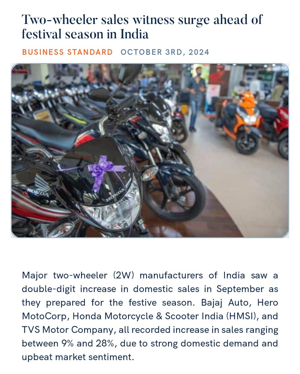 PMOIndia's tweet photo. Two-wheeler sales witness surge ahead of festival season in India
https://t.co/oW1YhkL9ZZ 

via NaMo App https://t.co/JDq1mT7KpJ