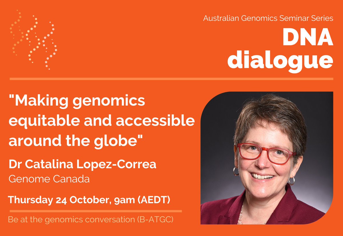 Australian Genomics (@ausgenomics) on Twitter photo 📣 Join us for an exciting #DNAdialogue seminar featuring Dr <a href="/clopezcorrea/">Dr. Catalina Lopez-Correa (She/Her 🏳️🌈🇨🇦🇨🇴)</a> on Thursday 24 October, 9am (AEDT).
Catalina, Chief Scientific Officer <a href="/GenomeCanada/">Genome Canada</a>, will present “Making #genomics equitable and accessible around the globe”. 🌎🧬
Register now!
mcri.zoom.us/webinar/regist… 📣 Join us for an exciting #DNAdialogue seminar featuring Dr <a href="/clopezcorrea/">Dr. Catalina Lopez-Correa (She/Her 🏳️🌈🇨🇦🇨🇴)</a> on Thursday 24 October, 9am (AEDT).
Catalina, Chief Scientific Officer <a href="/GenomeCanada/">Genome Canada</a>, will present “Making #genomics equitable and accessible around the globe”. 🌎🧬
Register now!
mcri.zoom.us/webinar/regist…
