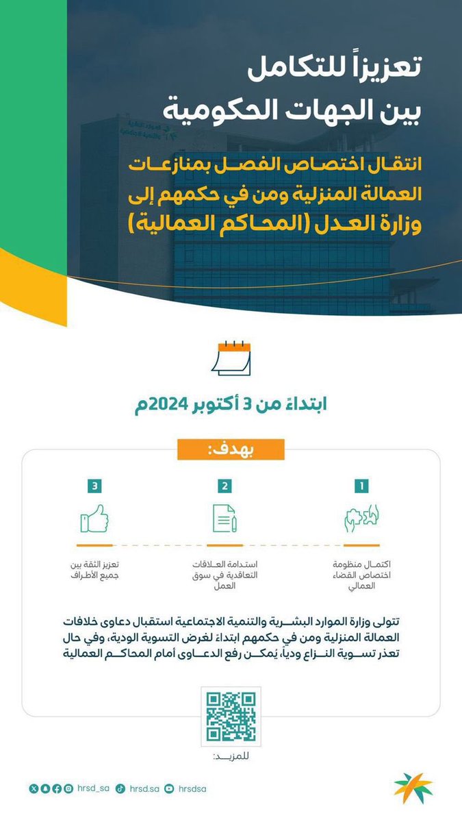 IMLAWFIRM's tweet photo. ابتداءً من 3 / 10/ 2024 ستكون الدعاوى التي تتعلق بخلافات العمالة المنزلية كالاتي:
-التقدم أولا من خلال موقع وزارة الموارد البشرية "رفع دعوى عمالة منزلية"كمرحلة للتسوية الودّية وفي حال عدم التسوية ستتم الإحالة إلى المحاكم العمالية التابعة لوزارة العدل للفصل في هذه الدعاوى

#قانون https://t.co/udtRy5mzEp