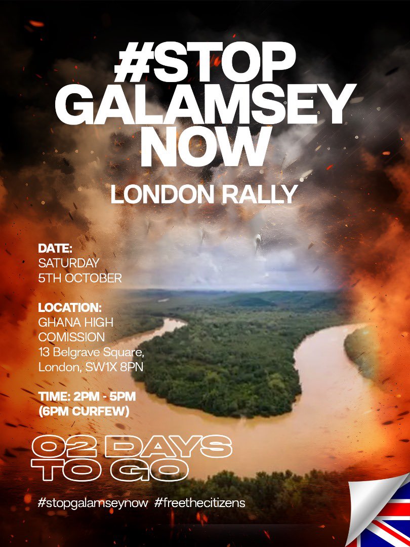 Voices4GhanaUK's tweet photo. TODAY our siblings in Ghana take to the streets to demand a better Ghana.

ON SATURDAY we do the same in London, in solidarity ✊🏾
All Ghanaians deserve clean water, a clean environment, and shouldn't be locked up for demanding it.
#FreetheCitizens #StopGalamseyNow https://t.co/xam0iSDCAl