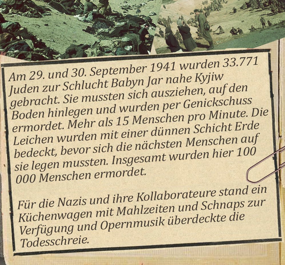 8/Holocaust durch Kugeln

1,5 Mio. der insgesamt 6 Mio. ermordeten Juden waren ukrainische Juden. Sie wurden erschossen. 
An 2000 ukrainischen Orten führten Nazis Massenerschießungen durch. Der bekannteste Ort ist Babyn Jar.