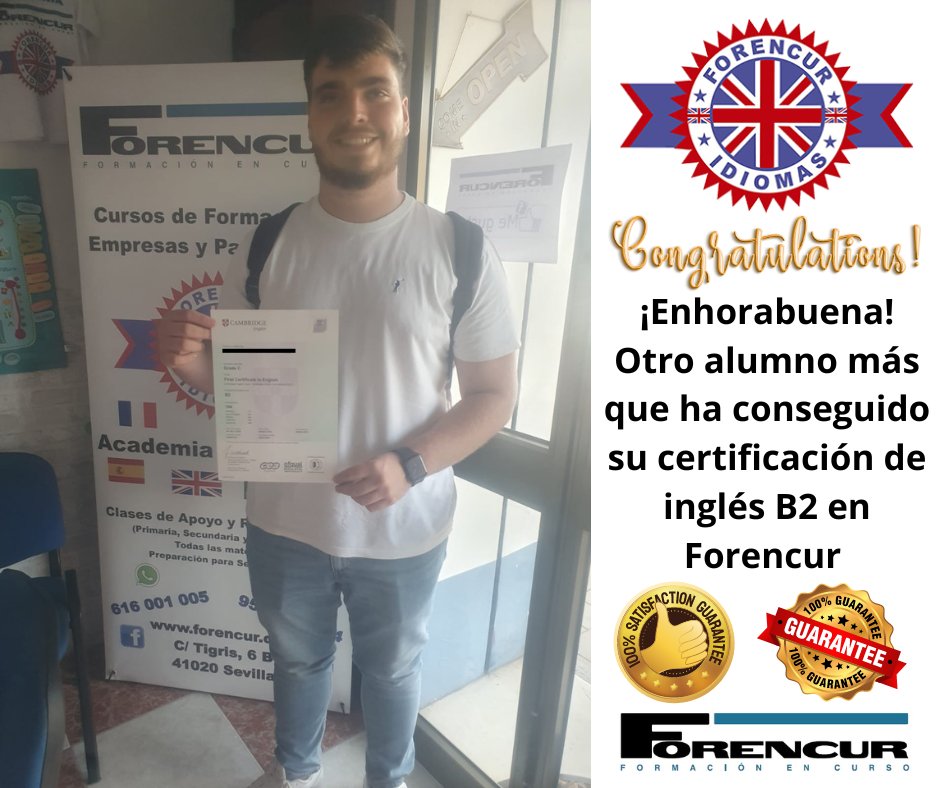 Forencur's tweet photo. Enhorabuena.
Certificado B2 en Forencur 👏👌💪
En un solo año consiguió el B1 y en solo un curso ha conseguido el B2🙌
¿En cuántas academias se consigue pasar de nivel en tan solo un año? 🤔
Orgullosos de nuestros alumnos y agradecidos de la confianza depositada en nosotros 🥰❤️ https://t.co/YoB1benF8x
