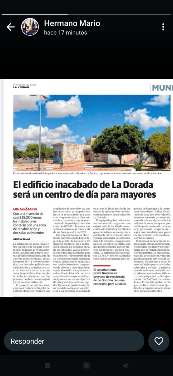 📢 Vamos a dotar #LosAlcázares del Centro de Día que se merece. 

👉 🗣️ Invertimos + de 800.000€. Saldrá a licitación en 2025: 

✅ Capacidad para albergar a 40 usuarios 
✅ Espacios exteriores cubiertos 
✅ Dos salas polivalentes 
✅ Sala de curas 
✅ Comedor y cocina.