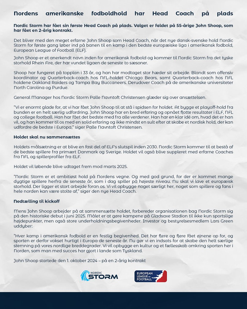NordicStormFTB's tweet photo. ‼️ BIG NEWS STORM FANS ‼️
@coachjohnshoop is our new Head Coach!🔥
Check out our press release to learn more about the latest team news and our offseason plans.
#NordicStorm #BuildingtheStorm #EuropeanLeagueofFootball #elf #americanfootballeurope #headcoach https://t.co/OfN1DT77xb