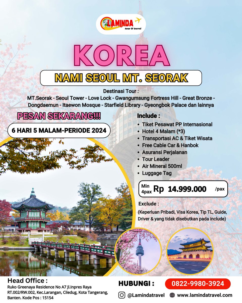 LamindaGroup's tweet photo. *6D4N WINTER KOREA SEOUL NAMISEOUL - NAMI ISLAND - MT.SORAK*
Only IDR.14,999,000/pax All in*
Seat terbatas, siapa cepat dapat !!! https://t.co/bEm3ROsiYc