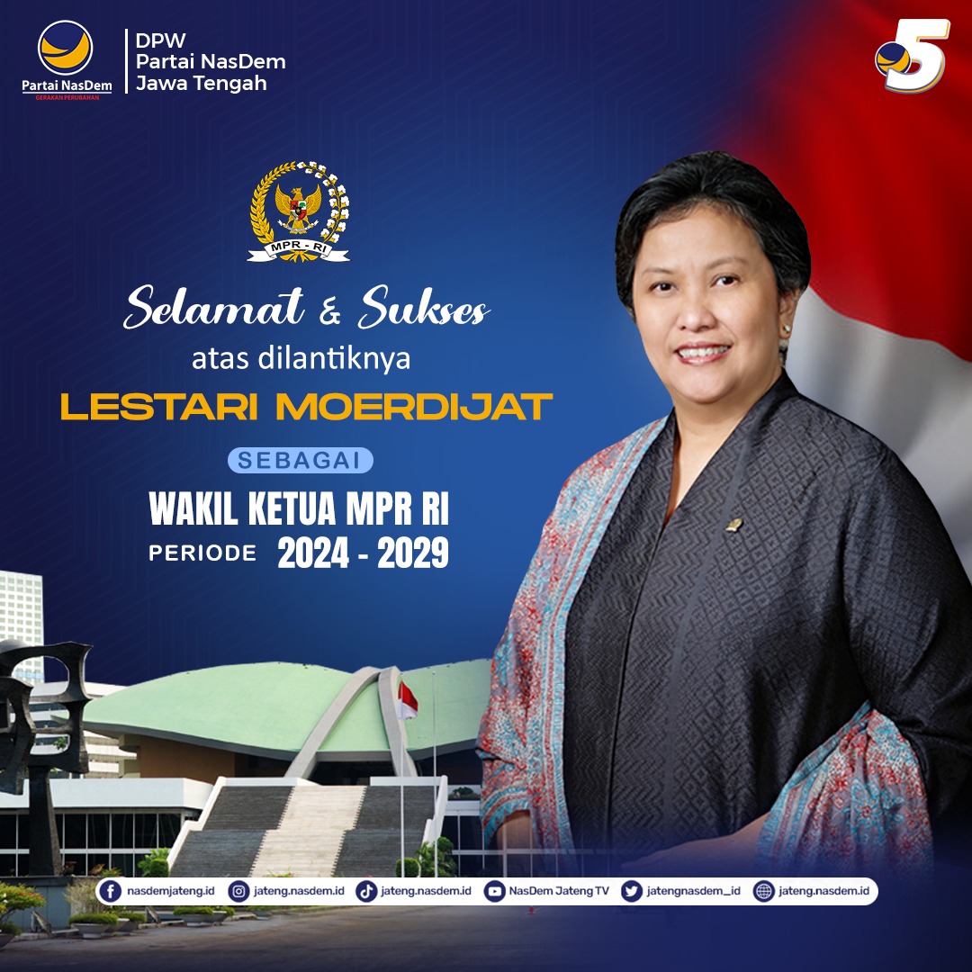 Selamat &amp; sukses atas dilantiknya Kakak Lestari Moerdijat sebagai Wakil Ketua MPR RI periode 2024-2029 dari Fraksi NasDem.
Selamat bertugas, semoga amanah dalam menjalankan tugas senantiasa selalu berjuang demi kepentingan masyarakat Indonesia.

#lestarimoerdijat #mprri