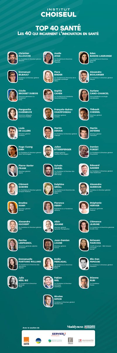 Félicitations aux 40 de -40 ans qui réinventent le secteur de la santé, dévoilés <a href="/bymaddyness/">Maddyness</a> 👏

Des pionniers portant haut l'excellence 🇫🇷 en matière d'innovation en santé.

Rdv le 17/10 en kiosque pour découvrir leur portrait dans le <a href="/ChoiseulMag/">Choiseul Magazine</a> 🗞️

👉 bit.ly/4esPgnI