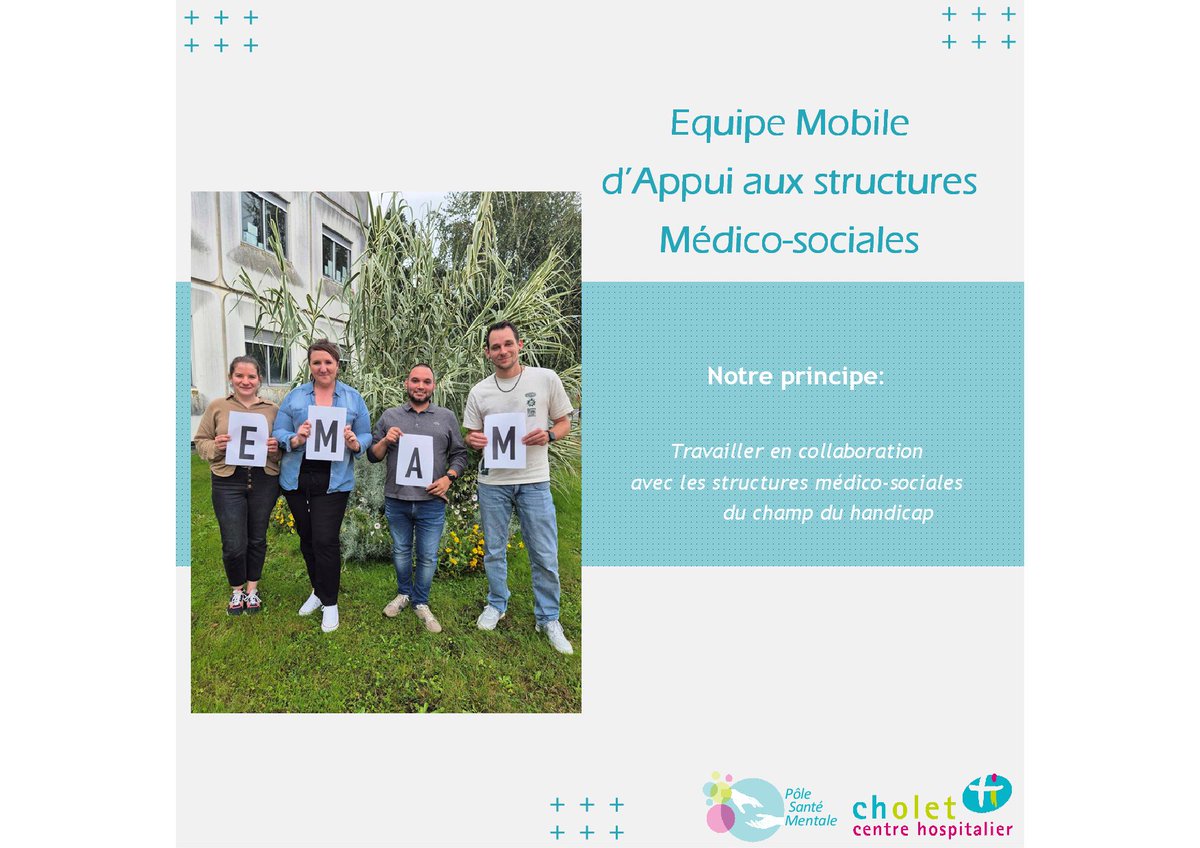 Centre Hospitalier de Cholet (@ch_cholet) on Twitter photo L’Equipe Mobile d’Appui aux structures Médico-sociales a débuté en avril 2024. Ce nouveau dispositif intervient au sein des structures accueillant des adultes en situation de handicap porteur d’un trouble psychique (FV, FAM, MAS).
<a href="/ars_pdl/">ARS Pays de la Loire</a>
#santementale L’Equipe Mobile d’Appui aux structures Médico-sociales a débuté en avril 2024. Ce nouveau dispositif intervient au sein des structures accueillant des adultes en situation de handicap porteur d’un trouble psychique (FV, FAM, MAS).
<a href="/ars_pdl/">ARS Pays de la Loire</a>
#santementale