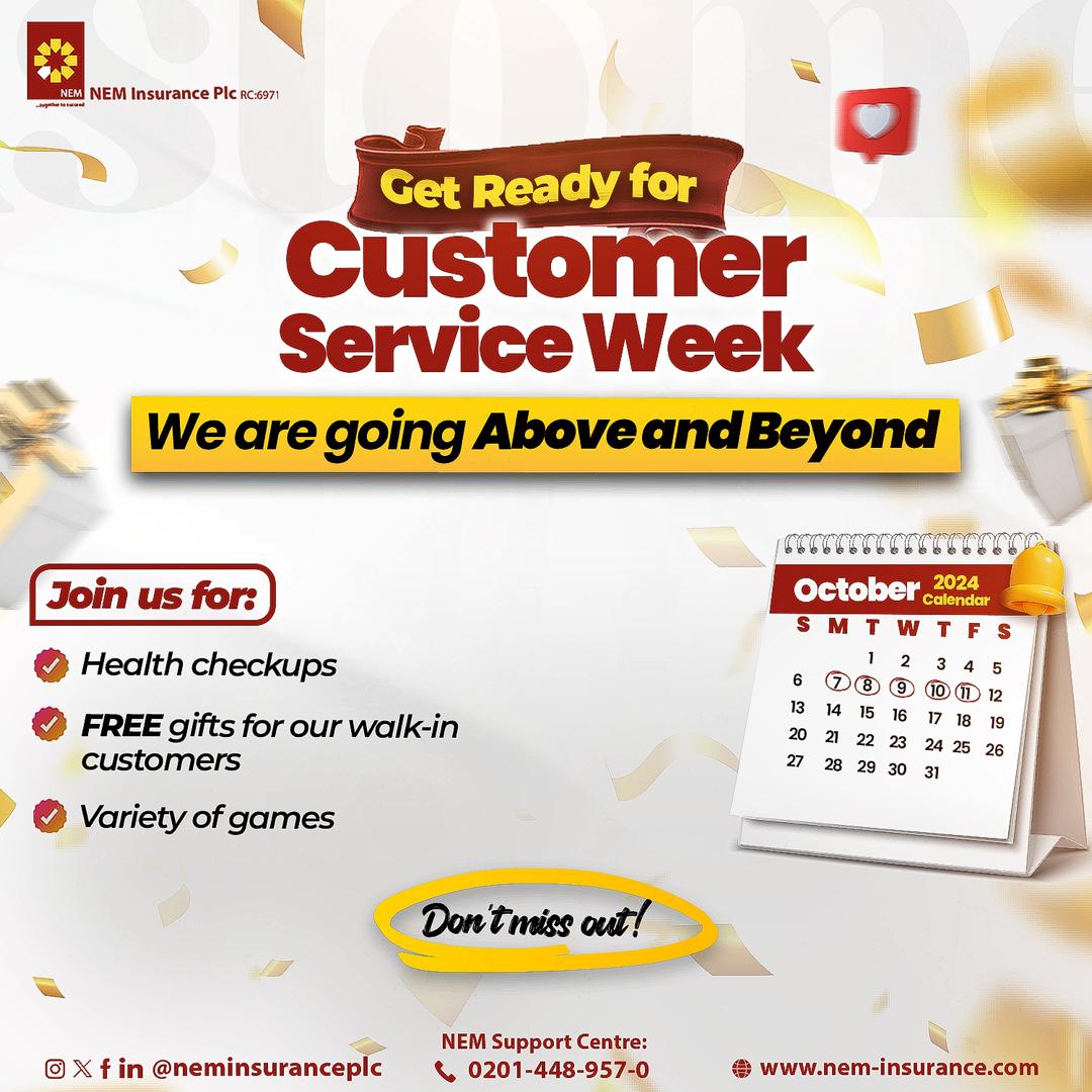 neminsuranceplc's tweet photo. Get ready for Customer Service Week, running from October 7-11, 2024! This year’s theme, 'Above and Beyond,' is all about celebrating YOU and our dedicated team who work tirelessly to exceed your expectations.
#NEMInsurancePlc #BeNEMSure #CustomerService2024 https://t.co/c6RPjULOQg