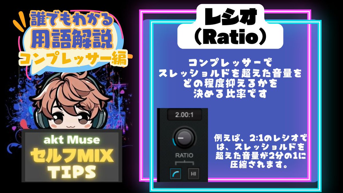 aktmix's tweet image. 【誰でもわかる用語解説】
知らなくても生きていけるけど
知ってるとセルフMIXができちゃう！？

プラグインの中にあるよくわからん言葉
意味もわからず使ってる人はチェック！

&amp;lt;レシオ&amp;gt;
「れちお」って読みたくなるよね

質問箱はこちら
marshmallow-qa.com/pfwbud5qr4zbrl…
#MIXTIPS #セルフMIX #MIXがわからん