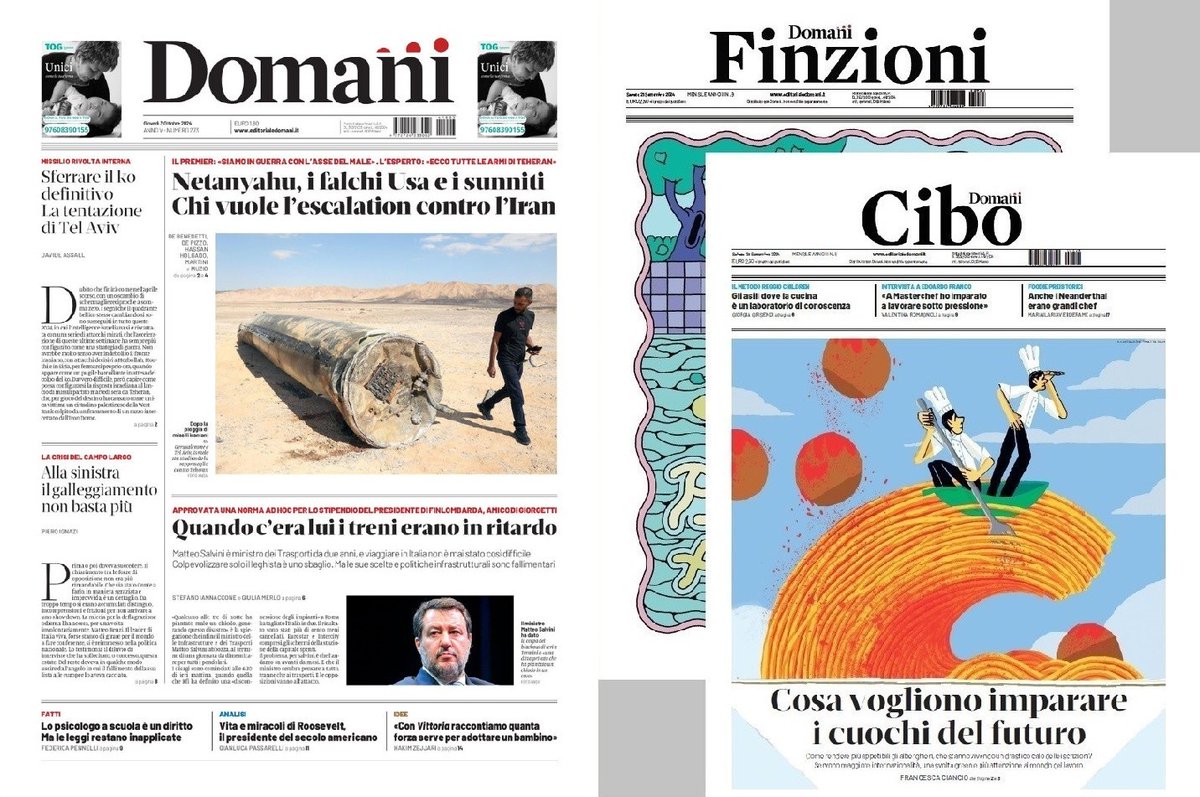 PazzoPerDomani's tweet image. #3ottobre giovedì in prima: incipit-anteprima su tentazione di Israele e galleggiamento della sinistra, fotonotizia su chi vuole l’escalation contro l’Iran, apertura su treni in ritardo, richiami a psicologo a scuola, Roosevelt, film “Vittoria” + supplementi #Finzioni e #Cibo