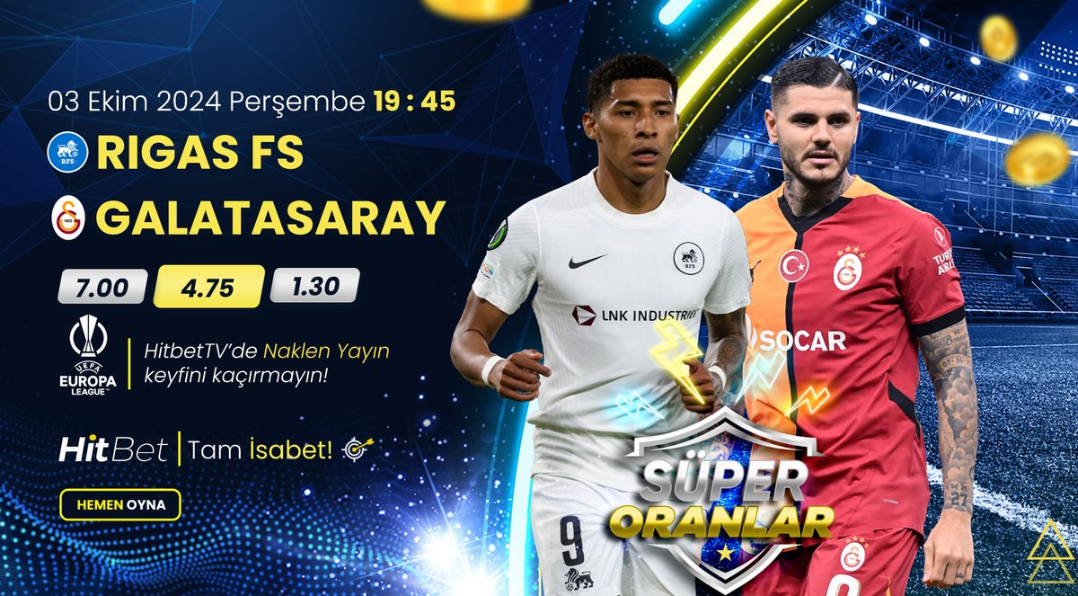 Hitbetcom9's tweet image. #RigasFS ⚜ #Galatasaray karşılaşması #UEFAAvrupaLigi heyecanı ile bu akşam saat 19:45'te #Hitbet'te! 

🌐Güncel Giriş : h.t2m.io/Hitbet-Twitter 

📺Maç Yayınları  : h.t2m.io/Hitbet-Tv 

🎯#Hitbet #Tamisabet