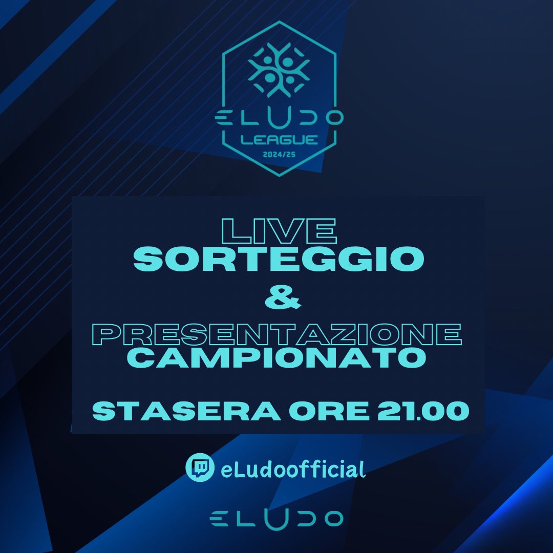 eLUDO (@eludo_official) on Twitter photo Stasera ore 21.00
LIVE su twitch.tv/eludoofficial
Sorteggio e Presentazione Campionato eLudo League
Vi aspettiamo !!!!
<a href="/RTproclub/">𝚁𝚃𝚙𝚛𝚘𝚌𝚕𝚞𝚋</a> <a href="/RTProClubsITA/">RT Pro Clubs Cross-Play 🇮🇹</a> <a href="/RTAllProClub/">RETWEET ALL PROCLUB</a> <a href="/pctransfermarkt/">🇮🇹 PRO CLUBS TRANSFERMARKT🔍</a> <a href="/NewsProclub/">News Proclub</a> <a href="/ProClubRetweet/">ProClubRetweet</a> <a href="/HouseOfProClub/">H𝕠𝕦𝕤𝕖 𝕆𝕗 P𝕣𝕠C𝕝𝕦𝕓</a>
#eludo #esport #revolution Stasera ore 21.00
LIVE su twitch.tv/eludoofficial
Sorteggio e Presentazione Campionato eLudo League
Vi aspettiamo !!!!
<a href="/RTproclub/">𝚁𝚃𝚙𝚛𝚘𝚌𝚕𝚞𝚋</a> <a href="/RTProClubsITA/">RT Pro Clubs Cross-Play 🇮🇹</a> <a href="/RTAllProClub/">RETWEET ALL PROCLUB</a> <a href="/pctransfermarkt/">🇮🇹 PRO CLUBS TRANSFERMARKT🔍</a> <a href="/NewsProclub/">News Proclub</a> <a href="/ProClubRetweet/">ProClubRetweet</a> <a href="/HouseOfProClub/">H𝕠𝕦𝕤𝕖 𝕆𝕗 P𝕣𝕠C𝕝𝕦𝕓</a>
#eludo #esport #revolution