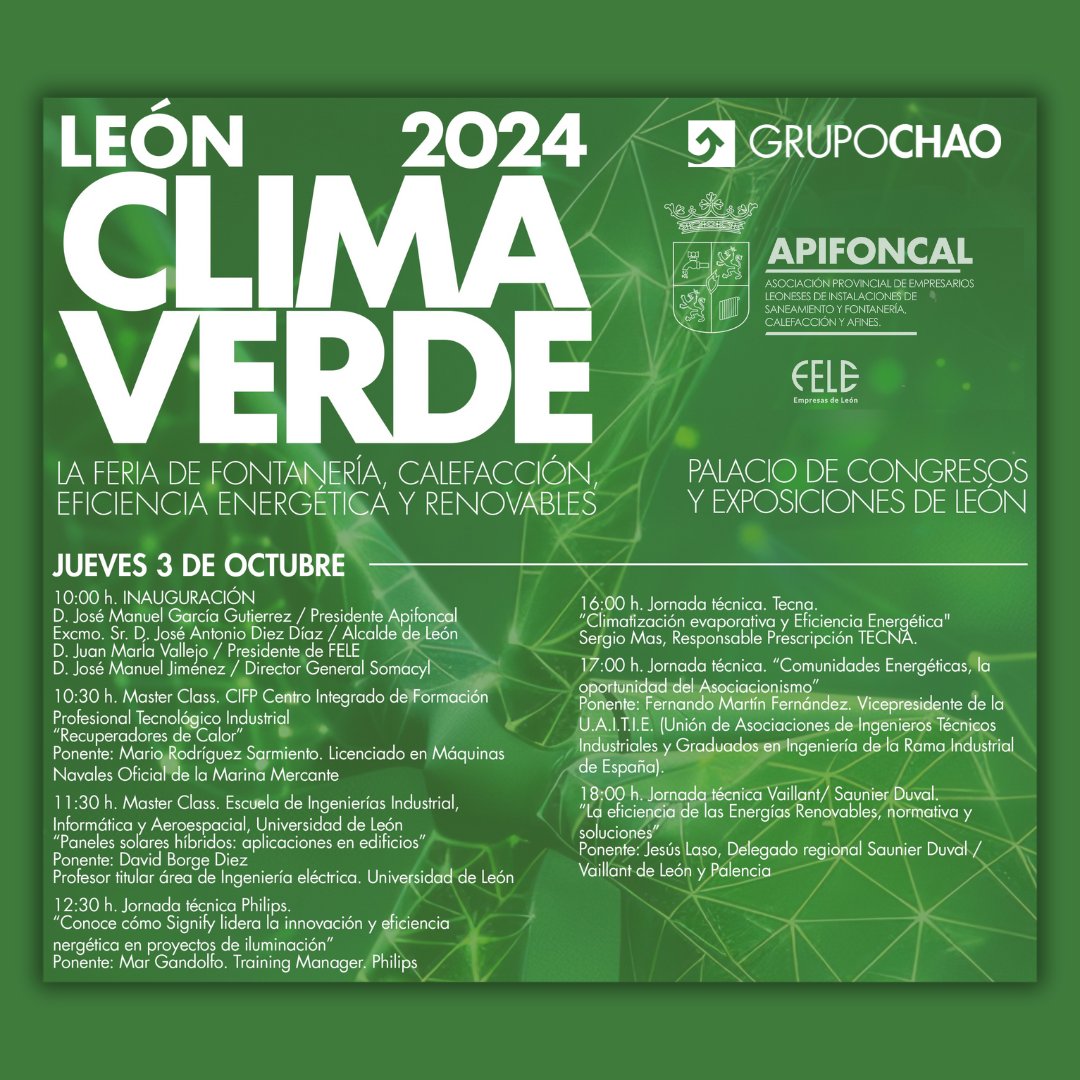 SumRicardoChao's tweet photo. ¡Es hoy! ¡Es hoy! Ha llegado el día, hoy comienza la ♻️II FERIA LEON CLIMA VERDE. Os dejamos los ⏰horarios de todas las Master Class y Jornadas Técnicas de hoy y mañana. ¡Nos vemos en la feria! 😁

#LeonClimaVerde2024 #FeriaClimaVerde #energiaeficiente #sostenibilidad #leonesp https://t.co/6oMAKval7P