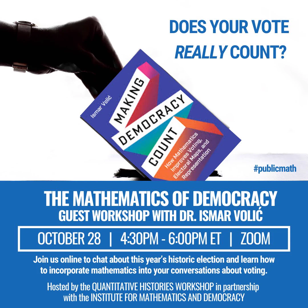 White and blue background with an image of a book cover “Making Democracy Count” and event details.