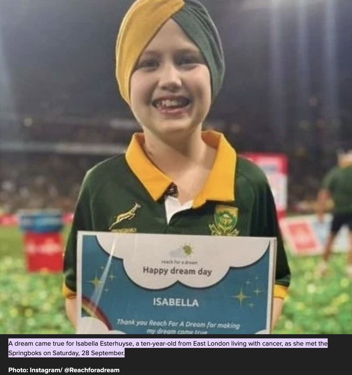 10-Year-Old Isabella’s dream of meeting the Springboks becomes reality. For the full story visit social-tv.co.za/health-and-wel…

#welovetellingyourstories
#ImpactThatMatters
#SocialTvNews

<a href="/ReachForADream/">Reach For A Dream</a>