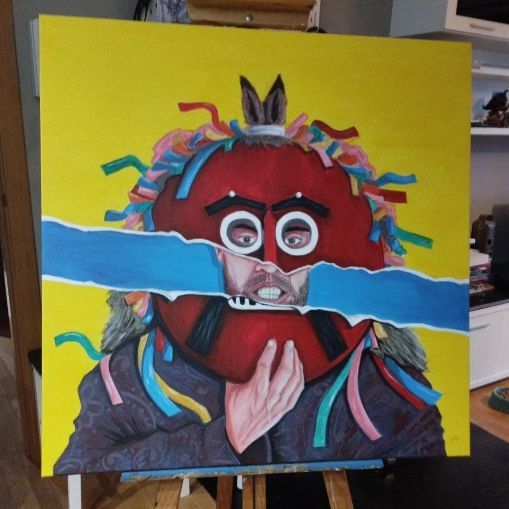 Continuo con mi serie de #mascaradasdeinvierno y para este segundo #lienzo he representado el #zangarron de #montamarta y su colorida interpretación.

Acrílico sobre lienzo. 80x80cm