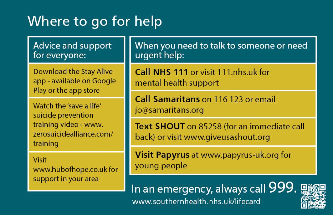 RachelTurnham's tweet photo. If you are having suicidal thoughts, do you know where to go for help? 

Visit https://t.co/ZCfb8fPFxC for support.  @hantsconnect https://t.co/7GPNqYa1yz