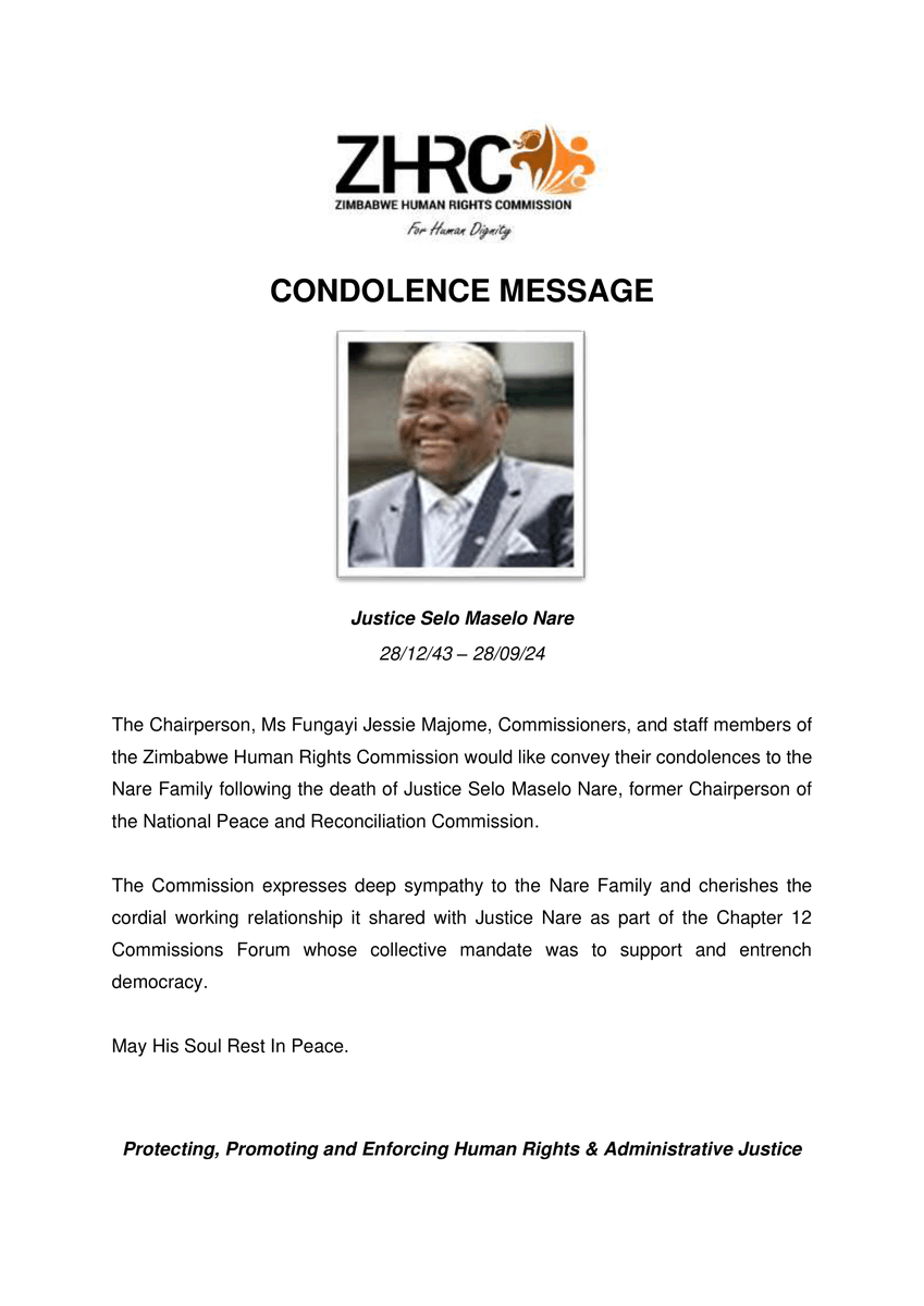 Zimbabwe Human Rights Commission condolence message on the passing on of former National Peace and Reconciliation Commission Chairperson <a href="/InfoMinZW/">Ministry of Information, Publicity & Broadcasting</a> <a href="/ParliamentZim/">Parliament of Zimbabwe</a> <a href="/MoJLPA/">Ministry of Justice, Legal & Parliamentary Affairs</a> <a href="/DailyNewsZim/">@DailyNewsZim</a> <a href="/NewsDayZimbabwe/">NewsDay Zimbabwe</a> <a href="/HeraldZimbabwe/">The Herald Zimbabwe</a> <a href="/ZBCNewsonline/">ZBC News Online</a> <a href="/MasvingoMirror/">Masvingo Mirror</a> <a href="/euinzim/">EU Delegation to Zimbabwe 🇪🇺</a> <a href="/RWallenbergInst/">Raoul Wallenberg Institute</a>