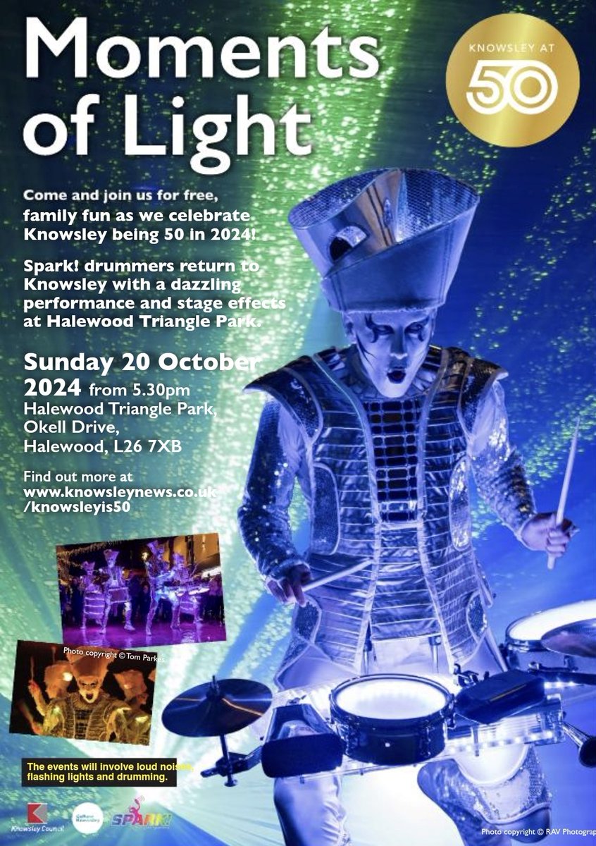 International street theatre performers Spark! drummers return to Knowsley for a rescheduled performance in Halewood Triangle Park on Sunday 20 October.