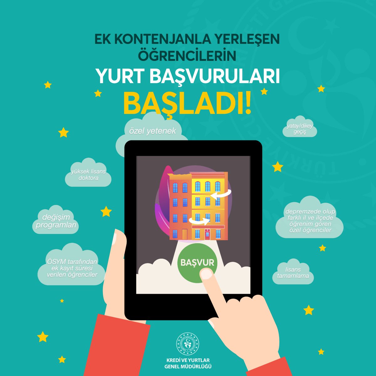 GSB_KYGM's tweet photo. Ek Kontenjanla Yerleşen Öğrenciler İçin Yurt Başvuruları Başladı! 🎉

Başvurular 🔗 e-Devlet üzerinden, 7 Ekim saat 23.59’a kadar devam ediyor.

Detaylı bilgi için:
https://t.co/Dplj31nhVS

#SeninYurdunGSB https://t.co/NDAgkK77pc