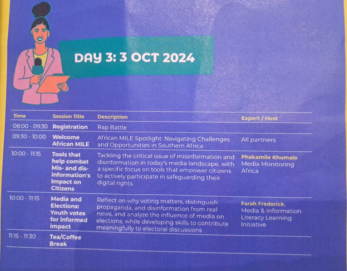 DAY 3 and final day 🙌 Today we focus media literacy. Of particular interest to me today is Media and elections: Youth votes for informed impact and Tools that help combat Mis-Dis- information's impact on citizens
<a href="/dw_akademie/">DW Akademie</a>
<a href="/moseschitsulo/">Moses Chitsulo🇲🇼</a>
