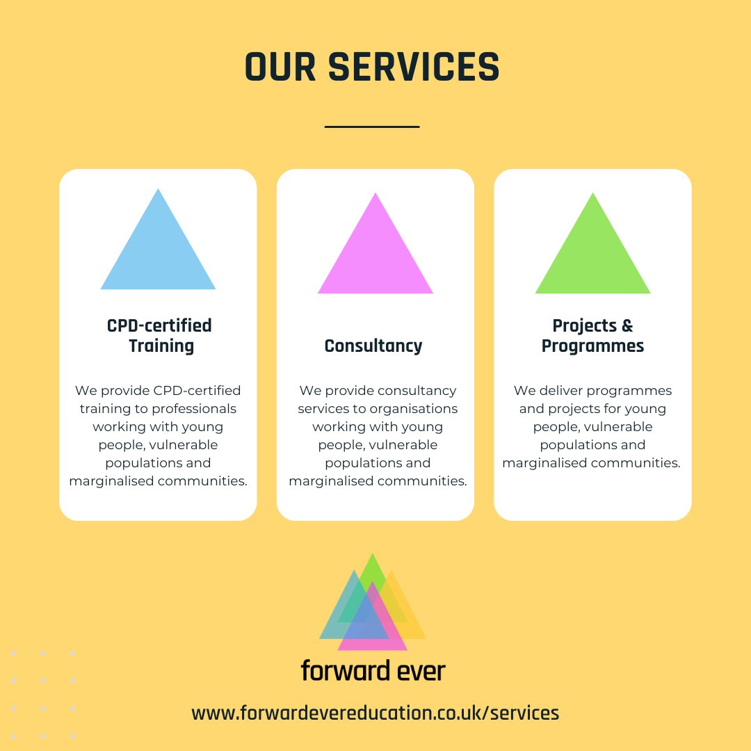 ✨ Discover how we can help you transform futures!

We provide CPD-certified training, consultancy, &amp; impactful programmes for those working with young people, vulnerable groups &amp; marginalised communities. 

forwardevereducation.co.uk/services

#TransformingFutures #CPD