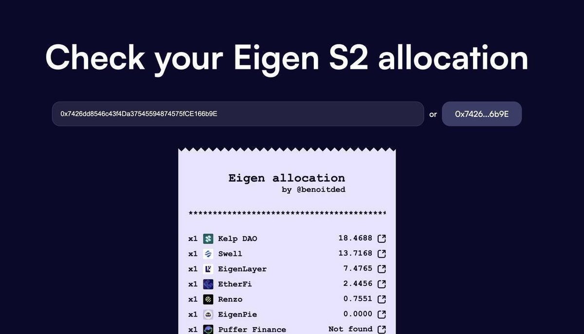 Using this tool you can check whether you are eligible for EigenLayer $EIGEN season 2 airdrop on multiple protocols.

🔗 checkeigen.byzantinefl.xyz

- Visit link.
- Enter address
- Check your allocations.

Credits for the tool: <a href="/benoitded/">Benoitded</a>

🪂Another important thing is to check