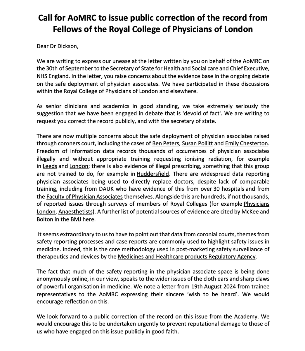 Dr Rachel Clarke (@doctor_oxford) on Twitter photo BREAKING/ The NHS establishment has a long & ignominious track record in trying to silencing the safety concerns of staff.
40 Fellows of <a href="/RCPhysicians/">Royal College of Physicians</a> call here for the Academy of Medical Royal Colleges (<a href="/AoMRC/">AoMRC</a>) to correct their attempts to smear doctors' concerns re: PAs 👇 BREAKING/ The NHS establishment has a long & ignominious track record in trying to silencing the safety concerns of staff.
40 Fellows of <a href="/RCPhysicians/">Royal College of Physicians</a> call here for the Academy of Medical Royal Colleges (<a href="/AoMRC/">AoMRC</a>) to correct their attempts to smear doctors' concerns re: PAs 👇