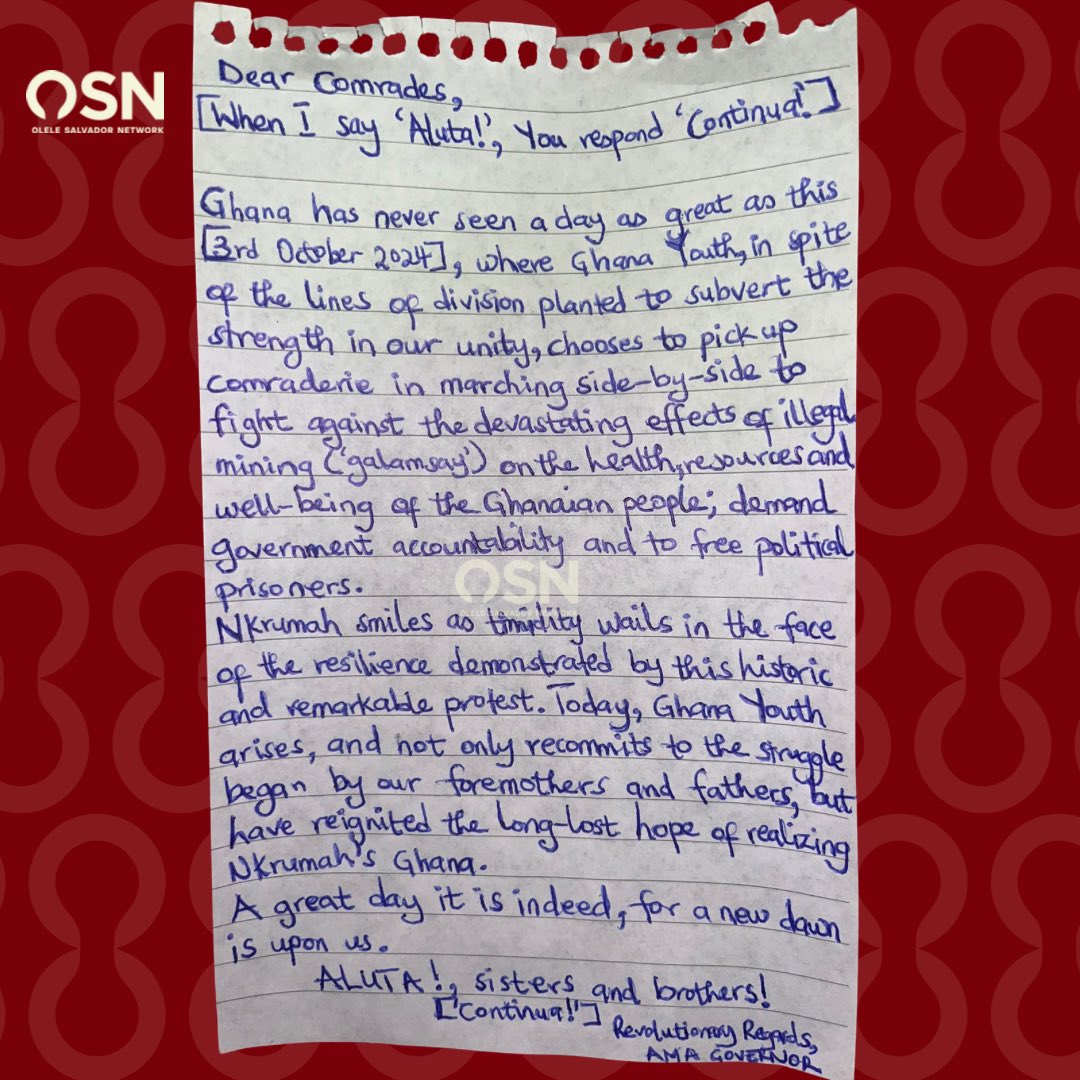 🚨ATTN🇬🇭✊🏾⛓️‍💥: "When I say ‘Aluta!’, you respond ‘Continua!’ Ghana has never seen a day as great as this..." writes <a href="/Ama_governor/">elorm</a> Esq. from her cell, in an empowering letter released just as the 3-day #FreetheCitizens #SayNoToGalamsey protest begins today.

🦅🇬🇭