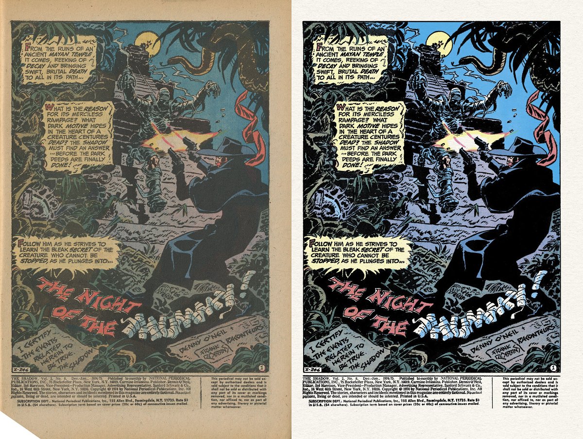 THE SHADOW! FRANK ROBBINS! Perhaps less suited for superheroes, Robbins was a great fit for the famed pulp character on 4 issues of DC's mid-1970s series. Here's the splash from issue #8 (Dec '74-Jan '75). A reprint of the whole series would be welcome! Digitally restored.