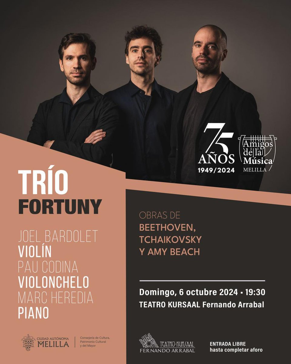 🎻 El Trío Fortuny abrirá la nueva temporada de la asociación Amigos de la Música de #Melilla con una actuación este domingo 6 de octubre a las 19.30 horas en el Teatro Kursaal (entrada  libre). Beethoven, Tchaikovsky y Amy Beach!

melilla.es/melillaPortal/…