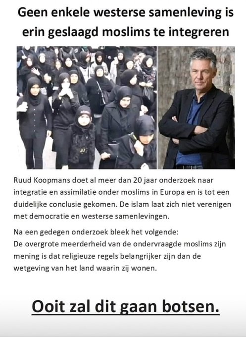 johnastria007's tweet photo. De islam laat zich niet verenigen met democratie en westerse samenlevingen. Neutrale studie van Ruud Koopmans bevestigt dit. 👇 https://t.co/uPJd8uKED5