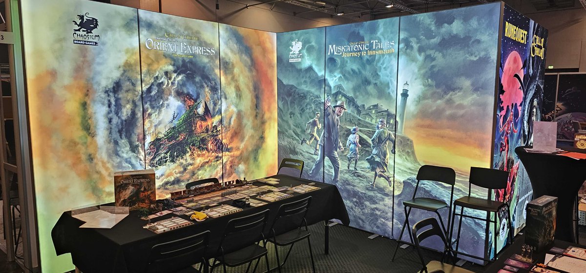 Our board games space is all set up for <a href="/SPIEL_Messe/">SPIEL@Essen - #SPIEL24</a>  - we're running demos of both Horror on the Orient Express The Board Game and our newest game in development, Miskatonic Tales: Journey to Innsmouth!

Both games will be released in 2025.