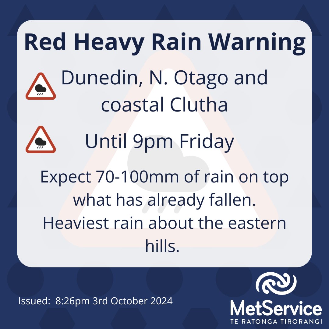 🔴Severe Weather Update.

The Red Heavy Rain Warning remains in place for Dunedin, North Otago and Coastal Clutha through to 9pm on Friday.