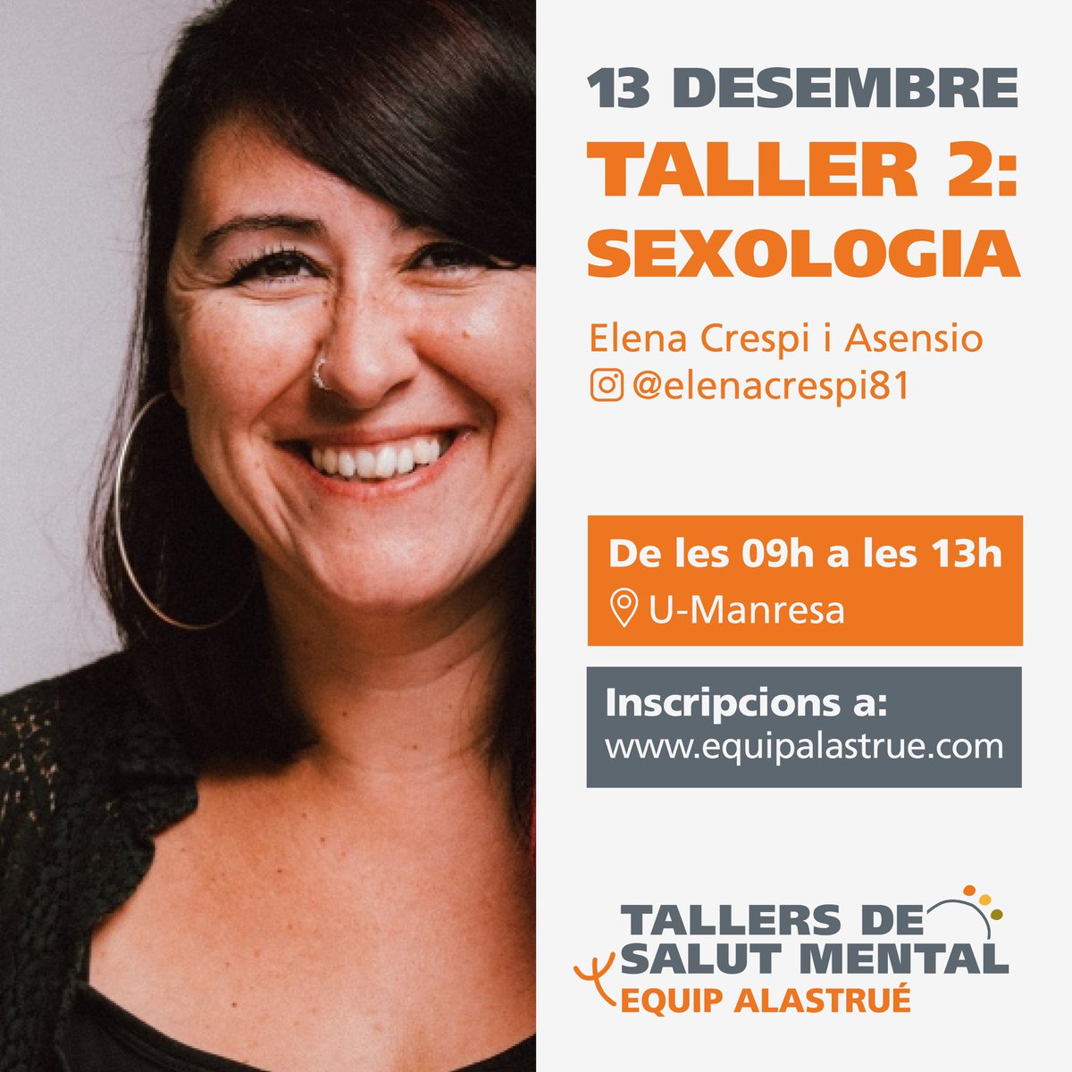 AlastruePsico's tweet photo. 🟠✍️ Apunta't als Tallers de Salut Mental! 

L'Equip Alastrué us oferim aquest cicle teoricopràctic amb experts de la salut mental per abordar les demandes que ens poden preocupar com a professionals.

🔗 Inscripcions a https://t.co/Tjvv8pfrw4

‼️🎫 Promoció especial fins al 5/10 https://t.co/PWgLuBTswE
