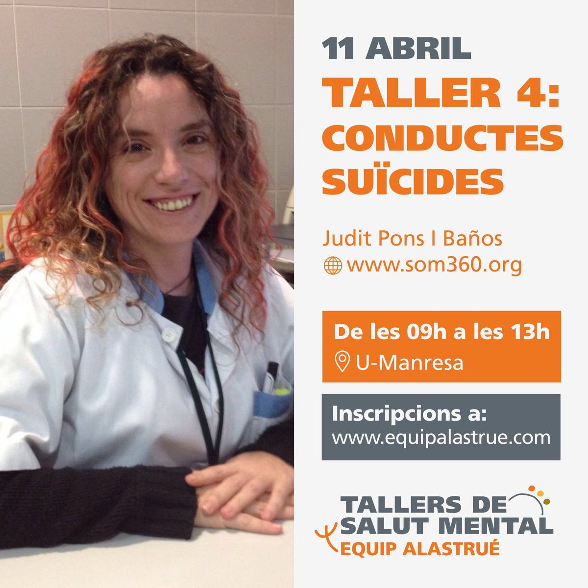 AlastruePsico's tweet photo. 🟠✍️ Apunta't als Tallers de Salut Mental! 

L'Equip Alastrué us oferim aquest cicle teoricopràctic amb experts de la salut mental per abordar les demandes que ens poden preocupar com a professionals.

🔗 Inscripcions a https://t.co/Tjvv8pfrw4

‼️🎫 Promoció especial fins al 5/10 https://t.co/PWgLuBTswE