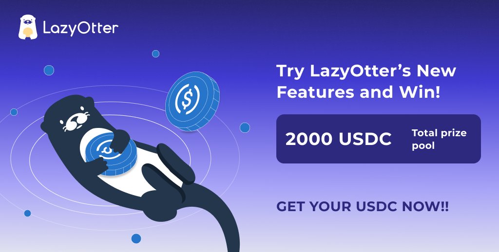 🚀 Earn &amp; Win with LazyOtter on Galxe! 🚀
Complete simple missions, explore our vaults, and grab your share of the 2000 USDC prize pool! 💰

1️⃣ Complete social tasks and claim your OAT
2️⃣  Explore LazyOtter vaults &amp; enter the raffle!🎟️
Jump in now! 👇
app.galxe.com/quest/onesavie…