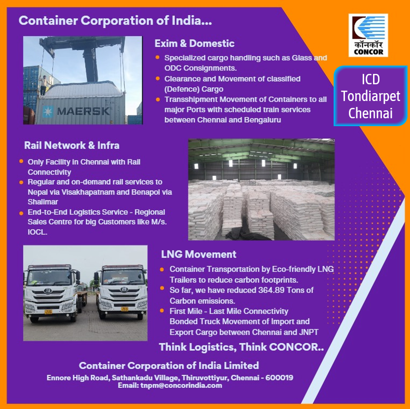 ConcorArea3's tweet photo. Inland Container Depot - Tondiarpet, #Chennai (#TNPM) is well connected to Gateway ports of Chennai and rest of the country by Road and Rail.
☑️4 Lakh Sq. Ft Open, Covered and Bonded Warehouse space for Exim and Domestic Sector.
☑️First Mile and Last Mile (FMLM) Connectivity.
☑️Road Transportation with LNG Powered Trucks available.
☑️Exim Train service on every 2 days to ICD-Whitefield, Bengaluru &
☑️Domestic Container Train service once in 2 days to New Delhi / Fortnightly to Kolkata.
✨Think Logistics.. Think CONCOR..✨
