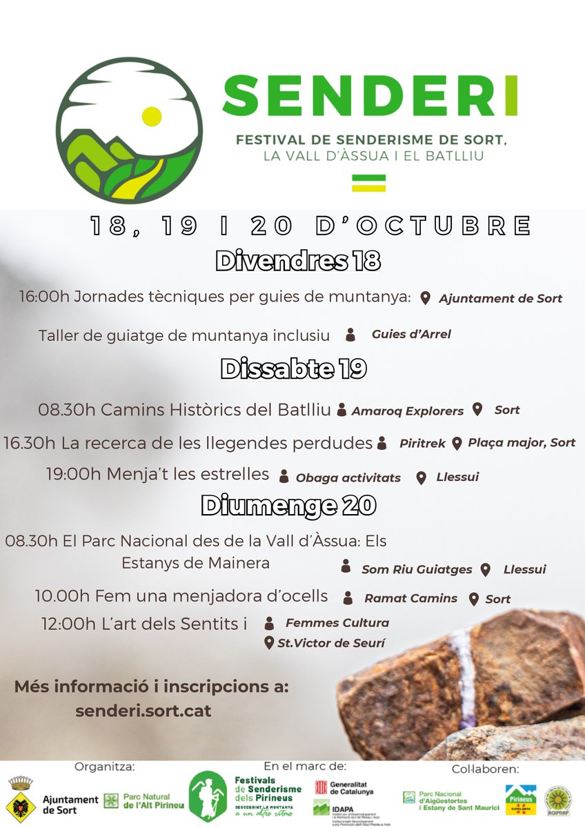 fsendpirineus's tweet image. 🌲 Del 18 al 20 d'octubre arriba el Festival de Senderisme de Senderi a Sort! Gaudeix d'un cap de setmana ple d'activitats com rutes guiades, tallers de natura i cultura, i molt més!

📅 18-20 d'octubre  
📍 Sort  

Inscripcions 👉 senderi.sort.cat

#Senderisme #FSP2024