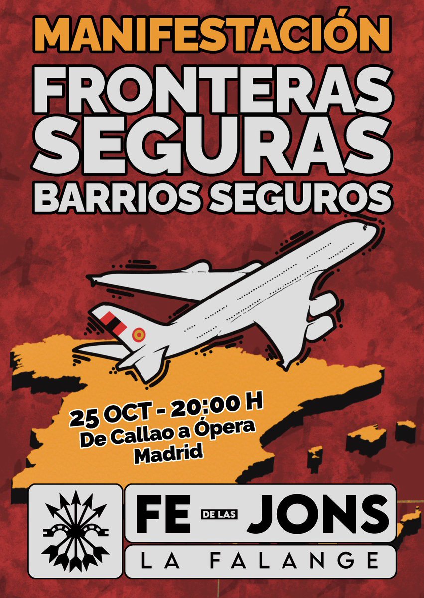 El 25 de octubre pediremos en las calles de Madrid:
✅ Control estricto de nuestras fronteras.
✅ Combatir las mafias que trafican con personas.
✅ Garantizar el orden y la seguridad en nuestros barrios.
✅ Expulsar a los delincuentes extranjeros.
✅ Remigración de extranjeros