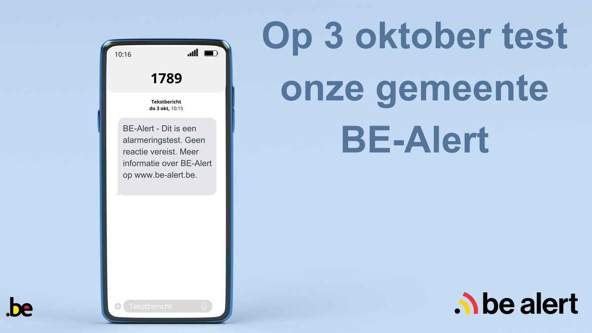 Meteen verwittigd bij een noodsituatie? Vandaag test onze gemeente het alarmeringssysteem #BEAlert.
Nog niet geregistreerd? Doe het snel via be-alert.be.