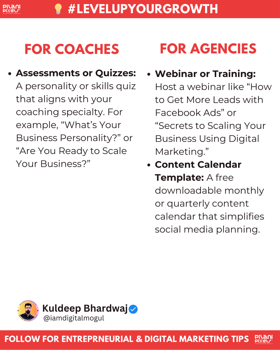 🚀 Top Lead Magnets for Coaches &amp; Agencies 🚀

💼 Coaches:

Free Webinars 🎥
Personalized Quizzes 📊
Workbooks &amp; Templates 📝
Discovery Calls 📞
E-books/Guides 📚

📈 Agencies:

Website Audits 🌐
Checklists 📋
Case Studies 🔍
Templates 🛠
ROI Calculators 💡

#LeadGeneration