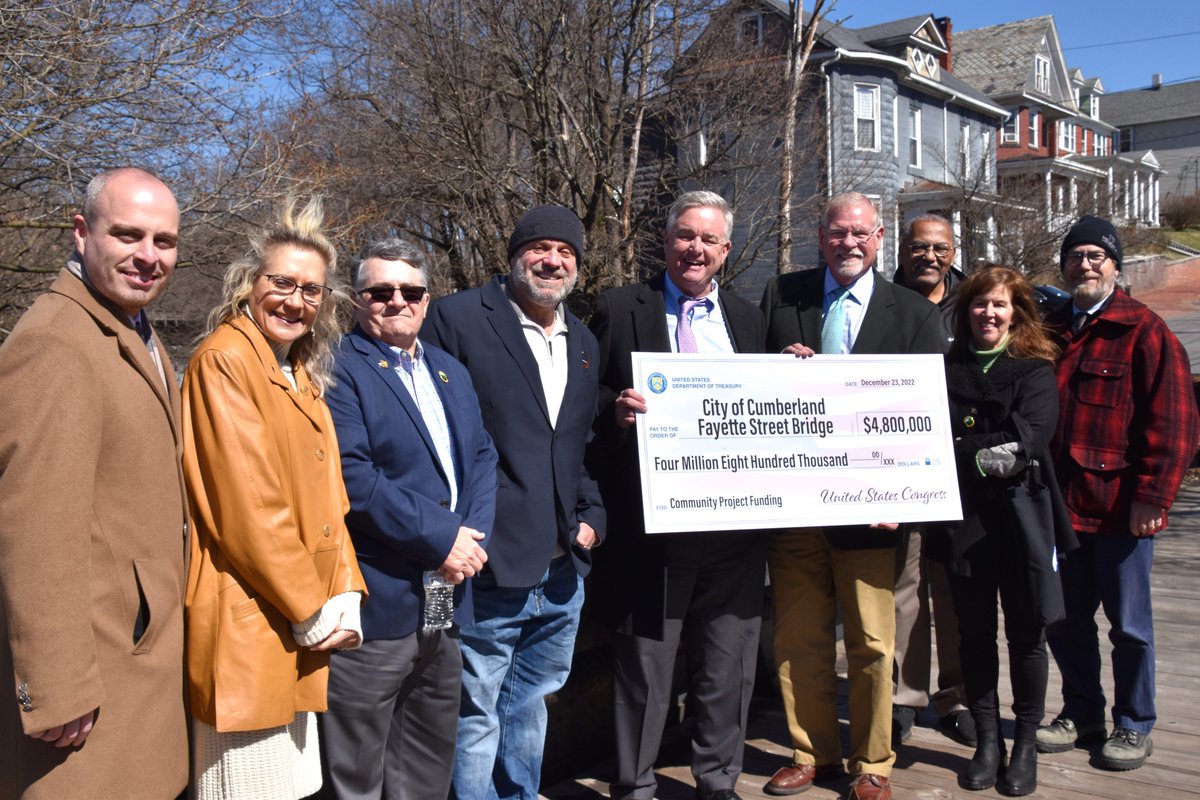 RepDavidTrone's tweet image. In 2018, a CSX train struck Cumberland&apos;s Fayette Street Bridge, causing major traffic disruptions for the city. With $4.8 million in critical #CommunityProjectFunding on the way, Cumberland will soon be able to rebuild it. #TBT to last year when we delivered the money!