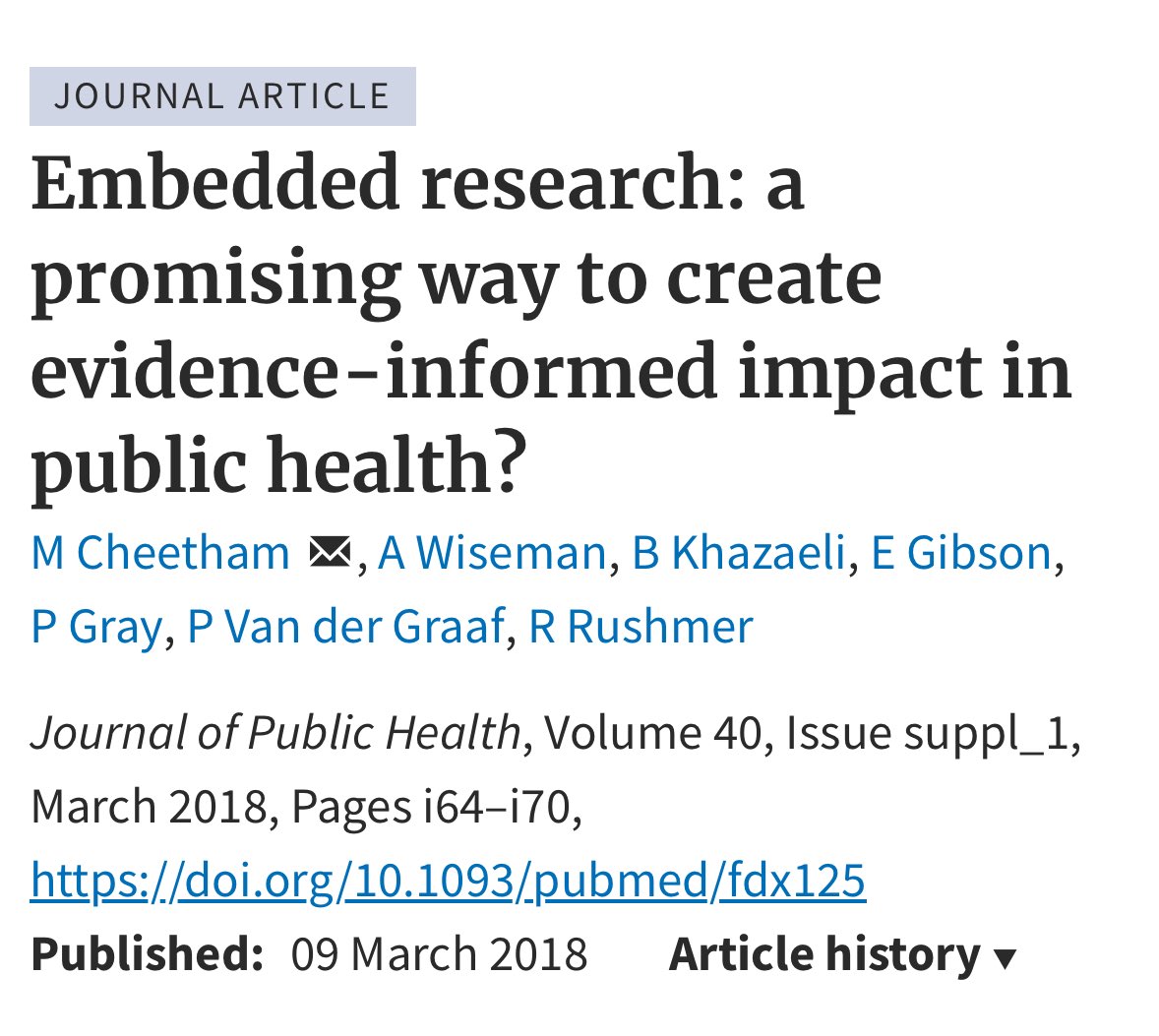 Enjoyable read exploring the possibilities and challenges of the ER role. I can certainly relate to a few themes discussed in this paper. I’d be interested to connect with other #embeddedresearchers in #secondarycare and #communityhealthservices 

doi.org/10.1093/pubmed…