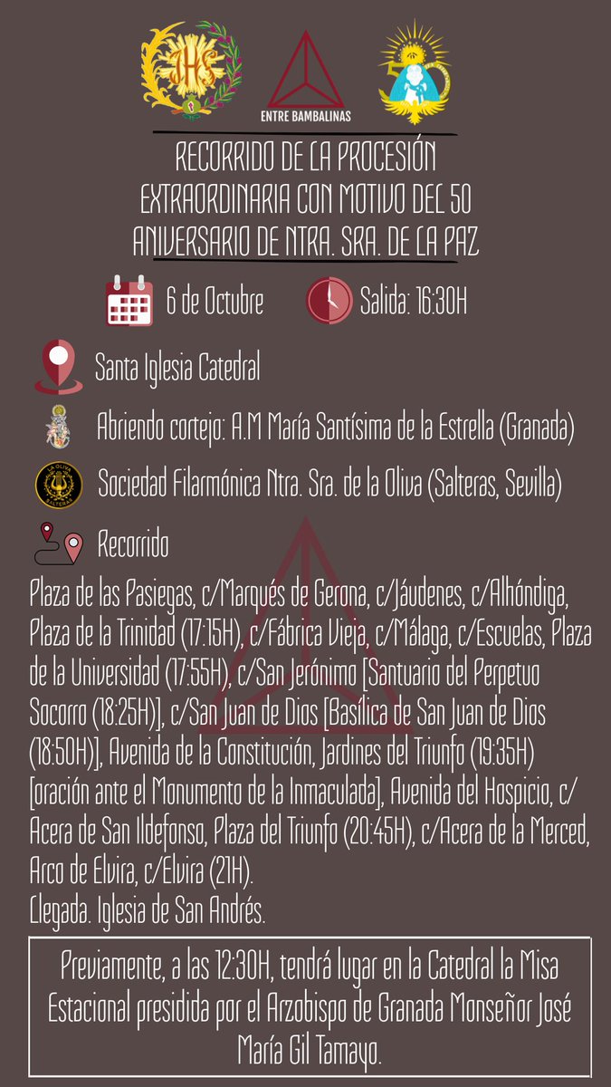 _EBambalinas's tweet photo. Con motivo de la celebración del 50 Aniversario de Ntra. Sra. de la Paz, el sábado 5 de Octubre la Titular Mariana de @borriquillaypaz será trasladada hasta la Catedral para presidir el domingo la Misa Estacional. Regresará a la Iglesia de San Andrés esa misma tarde.
|#ByP_EB| https://t.co/DeuTxiElH9