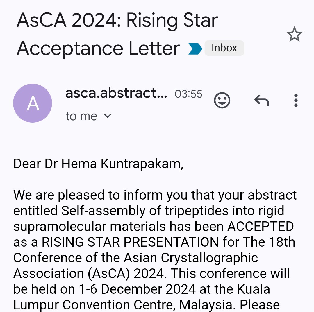 Happy to receive the "Rising Stars Award" by Asian Crystallographic Association (AsCA)😊. I will be receiving the award and presenting my work at AsCA meeting in Malaysia in December.